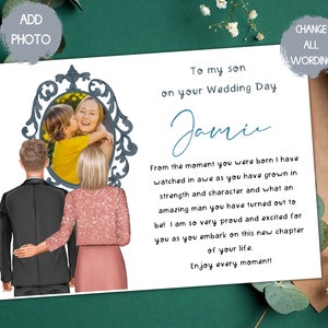 filho no cartão do dia do seu casamento, para o noivo da mãe, noivo no cartão do dia do casamento, cartão personalizado do dia do casamento para o filho, cartão com foto, mais vendido
