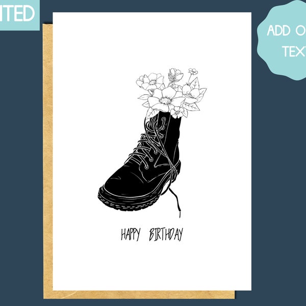 floral doc martens print, gothic birthday card, dr martens boots, birthday card for sister, floral gothic cards, birthday card for teens