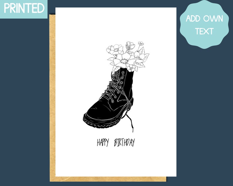 floral doc martens print, gothic birthday card, dr martens boots, birthday card for sister, floral gothic cards, birthday card for teens image 1