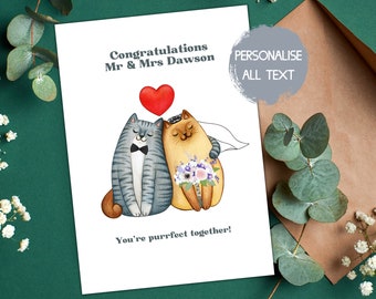 personalised cat wedding card, congratulations cat card, funny wedding card uk, pun wedding card, purrfect cat card, mr and mrs card, best
