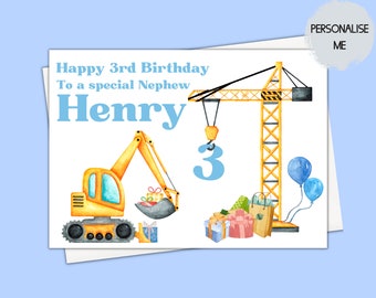 personalised 2nd birthday card boy digger, 3rd birthday card boy, construction birthday card grandson, digger birthday card for son, best