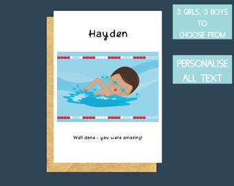 personalised swimming birthday card, 11th birthday card for grandson, 10th birthday card boy, swim teacher card, nephew birthday card