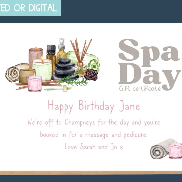 Spa day gift card for friend, gift certificate template printable, spa treatment coupon, birthday voucher for mum, anniversary gift for wife