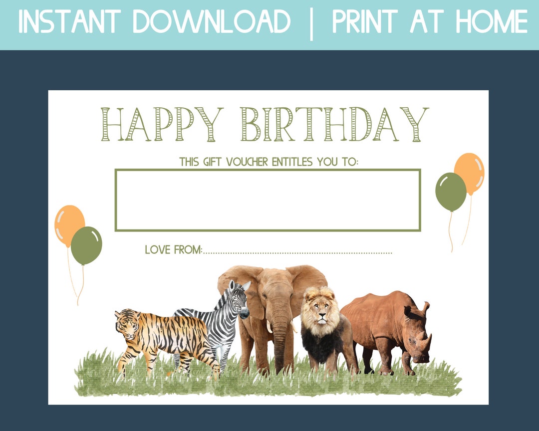 Zoo Gift Card, Birthday Gift Certificate Printable, Blank Gift