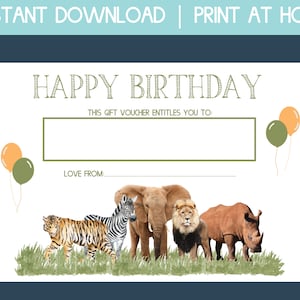 zoo gift card, birthday gift certificate printable,  blank gift certificate, gift coupon, gift voucher certificate, printable gift card