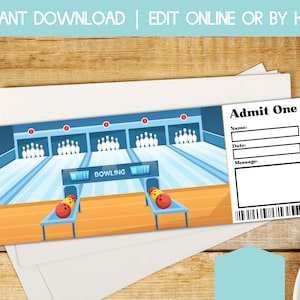 bowling tickets, ten pin bowling gift certificate, printable bowling game ticket, bowling birthday gift certificate, instant download gift