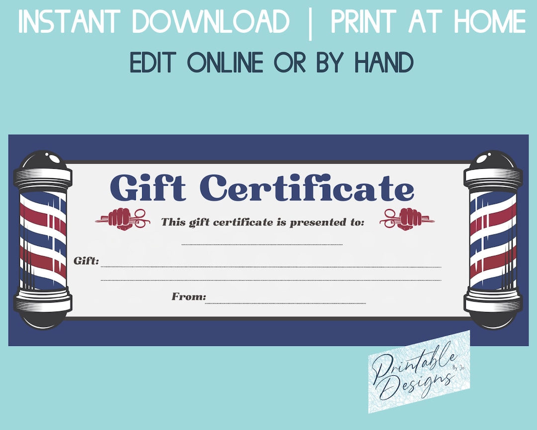 Barber Gift Certificate Printable, Mens Hair Cutting Voucher, Haircut