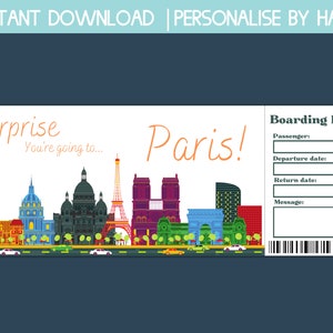 Carta d'imbarco Parigi, carta d'imbarco modificabile, buono regalo viaggio tra ragazze a Parigi, sorpresa viaggio, biglietto aereo stampabile regalo, migliore