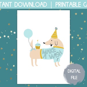 Tarjeta de cumpleaños imprimible, tarjeta de cumpleaños de descarga instantánea, tarjeta de cumpleaños de descarga digital, tarjeta de cumpleaños de perro salchicha, tarjeta para pedir un deseo, mejor