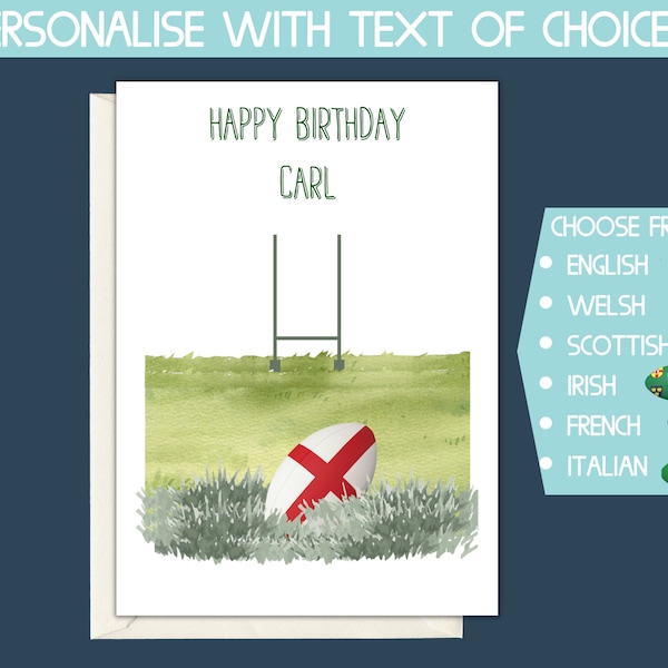 personalised rugby birthday card, England rugby card, six nations rugby, irish rugby, Welsh rugby card for him, scottish rugby card,