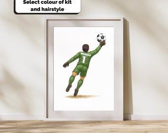 personalised goalkeeper prints, goalie picture, soccer goalie print, soccer goalkeeper poster, girl football player gifts, boy football gift