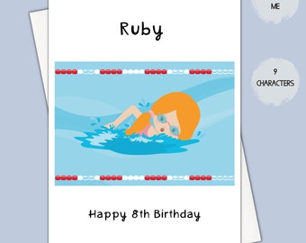 personalised swimming birthday card, 9th birthday card for granddaughter, 8th birthday card girl, swim teacher card, nephew birthday card