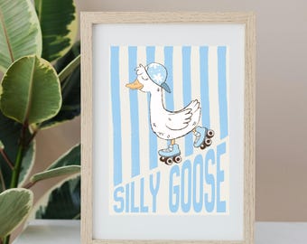 Silly Goose Print, Playful Animal Illustration, Nursery Wall Art (Digital Download Available)