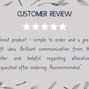 May include: A light gray background with the words "CUSTOMER REVIEW" in dark blue. Four white stars are above a customer review quote. The quote reads, "Great product - simple to order and a great gift idea. Recommended."