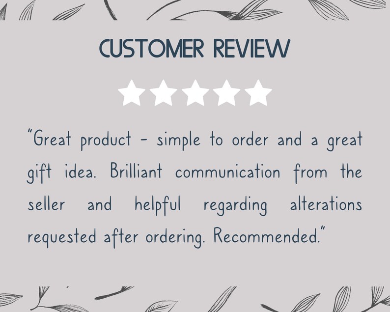 May include: A light gray background with the words "CUSTOMER REVIEW" in dark blue. Four white stars are above a customer review quote. The quote reads, "Great product - simple to order and a great gift idea. Recommended."