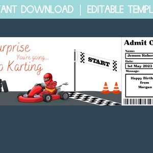 editable go karting ticket template, go karting gift voucher, surprise birthday trip gift certificate, last minute gift printable, best