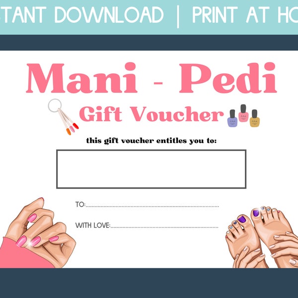 mani pedi coupon, nail salon gift card, printable gift card, birthday gift certificate printable, gift coupon template printable, best