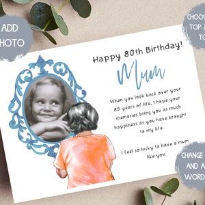 carte personnalisée 80e anniversaire pour maman, cadeaux d'hier et d'aujourd'hui, carte 90e anniversaire femme, carte 70e anniversaire pour elle, carte photo 80e anniversaire