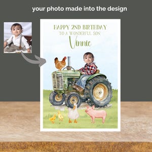 Cartão de aniversário de 2 anos para filho, cartão de aniversário para upload de fotos, cartão de aniversário A4, cartão de aniversário de fazenda para neta, cartão de aniversário de trator para neto