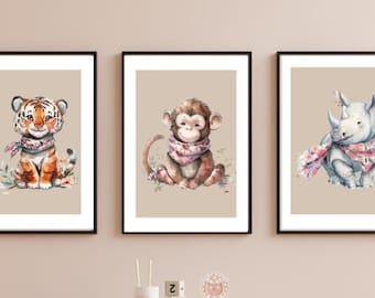set of animal nursery prints, nursery safari prints girl, watercolour safari animal decal, baby safari decor, nursery name print safari