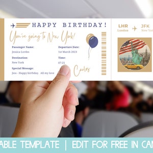 Modèle de carte d'embarquement pour New York, carte d'embarquement modifiable pour une compagnie aérienne, révélation de voyage surprise, modèle de chèque-cadeau d'anniversaire, billet d'avion