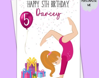 gymnast card, 5th birthday card girl, personalised gymnastics birthday card, 6th birthday card daughter, 7th birthday card granddaughter