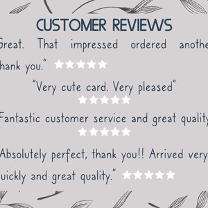 May include: A light gray background with the words "CUSTOMER REVIEWS" in dark blue. The image displays customer testimonials with star ratings, including phrases like "Great," "Very cute card," and "Fantastic customer service."