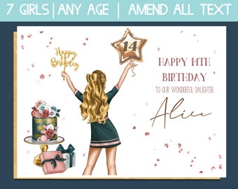 personalised girls birthday card, 14th birthday card for daughter, sweet 16 card for niece, teenage girl birthday card for granddaughter