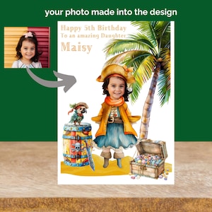 Carte d'anniversaire pirate pour fille, carte d'anniversaire avec téléchargement de photos, carte d'anniversaire a4, 5 ans pirate pour petite-fille, best-seller