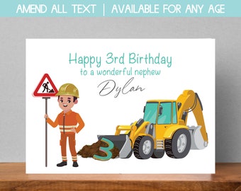 digger birthday card, personalised construction birthday card for boys, 3rd birthday card for nephew, 2nd birthday card for grandson, best