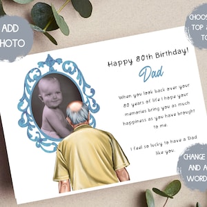 Tarjeta de cumpleaños número 80 personalizada para papá, tarjeta de cumpleaños número 70 para papá, tarjeta con foto de antes y ahora, plantilla de tarjeta con foto,