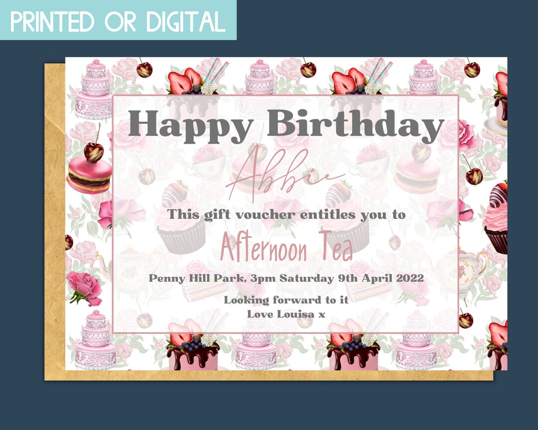 Afternoon Tea Gift Voucher, Birthday Voucher for Friend, Printable