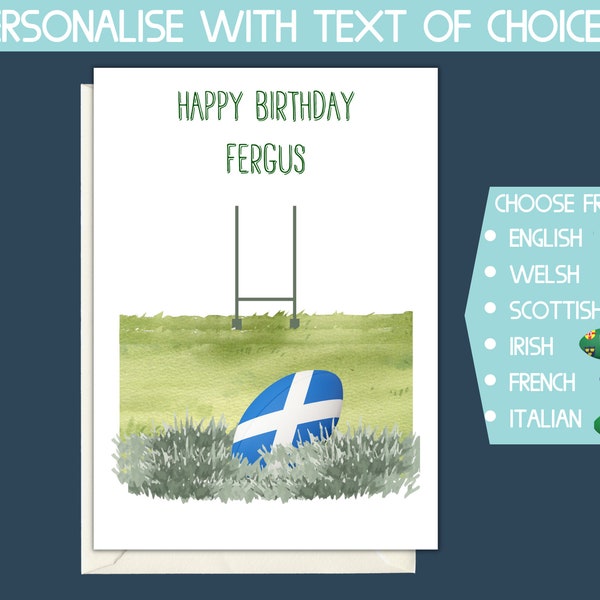 carte d'anniversaire de rugby écossais, rugby des six nations, rugby irlandais, carte d'anniversaire de rugby personnalisée, rugby d'Angleterre, rugby gallois, rugby d'Ecosse