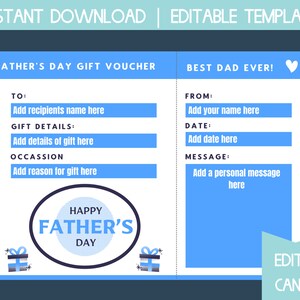 Fathers day gift voucher template, printable gift certificate, edit in canva, instant download gift certificates, editable template, best