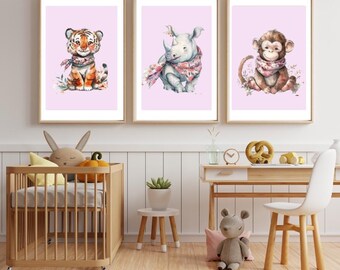 set of animal nursery prints, watercolour safari animal decal, baby safari decor