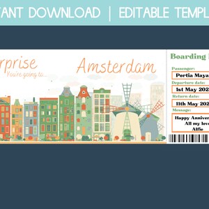 Modello di carta d'imbarco per Amsterdam, viaggio a sorpresa, biglietti modificabili, carta d'imbarco stampabile, buono regalo per Amsterdam, certificato regalo