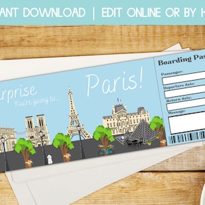 Paris Bordkarte, Reiseticketgeschenk, Paris Mädchen Reisegeschenkgutschein, Überraschungsreise offenbaren, druckbare Flugticket, Ticketvorlage