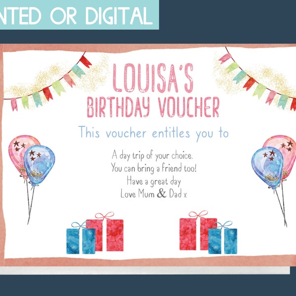 Birthday gift voucher, gift certificate template printable, gift coupon for kids, gift card for girls, personalised gift voucher, blank card