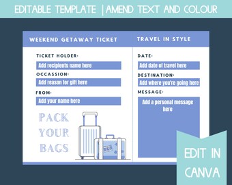weekend getaway ticket, editable voucher template, printable gift card template, gift coupon template printable, gift voucher certificate