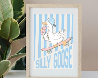 Silly Goose Skateboard Print, Playful Animal Wall Art (Digital Download Available)