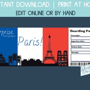 Paris Bordkarte, Reiseticketgeschenk, Paris Mädchen Reisegeschenkgutschein, Überraschungsreise offenbaren, druckbare Flugticket, Ticketvorlage