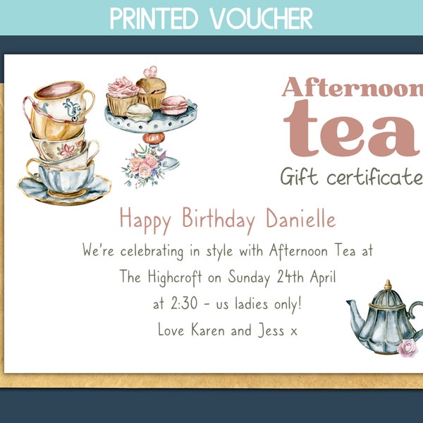 personalised tea for two birthday invitation, printed afternoon tea invite, birthday voucher for friend, gift card voucher, best
