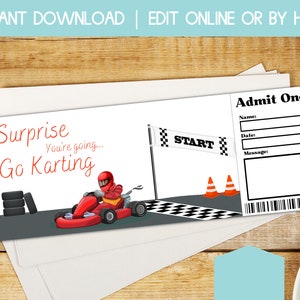 go kart racing gift ticket, go karting gift voucher, surprise birthday trip gift certificate, last minute gift printable, day out reveal
