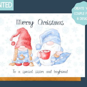 Christmas card sister and boyfriend, Granddaughter and fiance Christmas card, Christmas card with gnome, personalised Xmas cards, gonk card