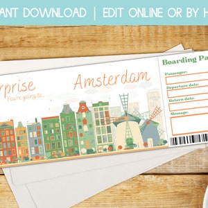 Amsterdam Bordkarte, Reiseticketgeschenk, Überraschungsreise enthüllen, amsterdam Reise enthüllen, druckbare Flugticketvorlage, Holland Geschenk