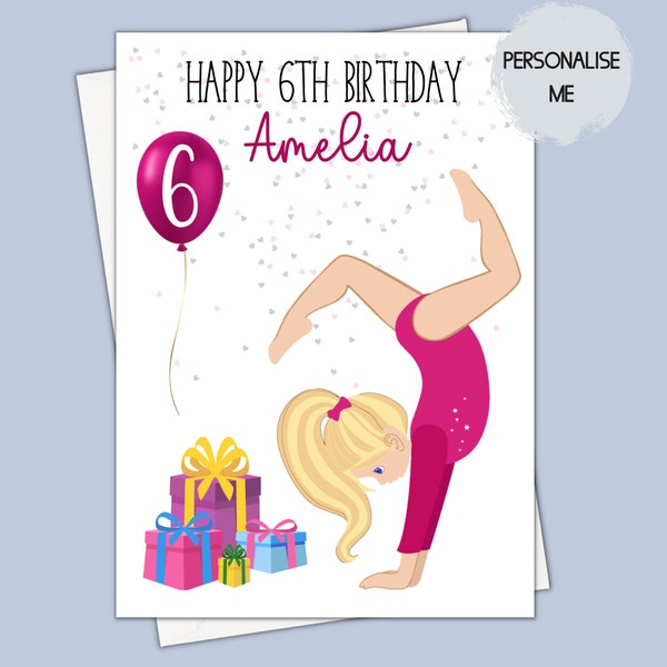 gymnast birthday card, personalised gymnastics birthday cards for her, 6th birthday card daughter, 5th birthday card girl, 7th birthday card