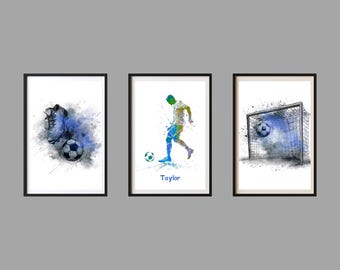 personalised football wall art 3 set, soccer print set, football gift for boys bedroom decor, football prints, gift for football player