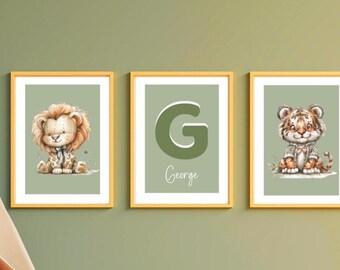 nursery safari prints boy, nursery wall prints, watercolour safari animal decal, baby safari decor, nursery name print safari, nursery set