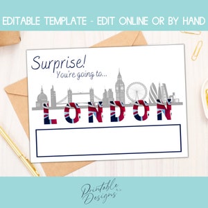 Bilhete surpresa de Londres, modelo de vale-presente surpresa, revelação de viagem surpresa, bilhete de férias, cartão de embarque, modelo de cupom de presente de aniversário