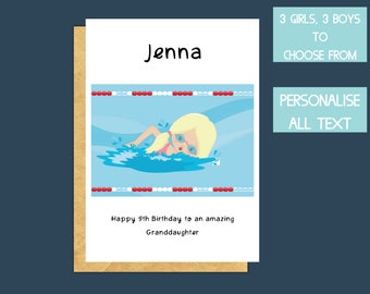 personalised swimming birthday card, 9th birthday card for granddaughter, 8th birthday card girl, swim teacher card, nephew birthday card